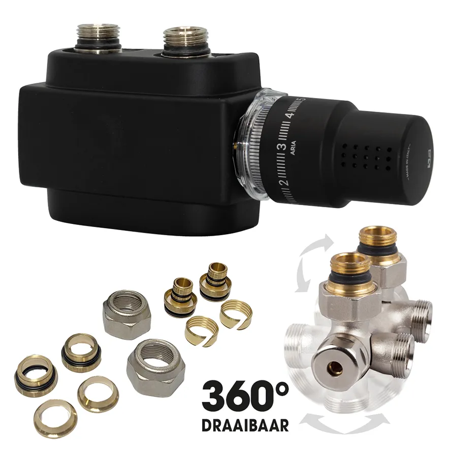 DRL Freestyle H-onderblok kit - 50 mm (haaks/recht  360 draaibaar) - plus thermostaatkop M30 zwart - plus koppelingen 16x2mm - plus CV/Cu 15 mm.