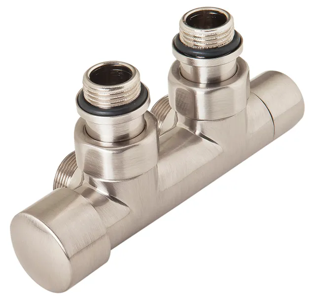 DRL OVUS Design H-onderblok - 2x½” - hoh 50mm - haaks - knop links (thermostatisch voorbereid) - RVS -look